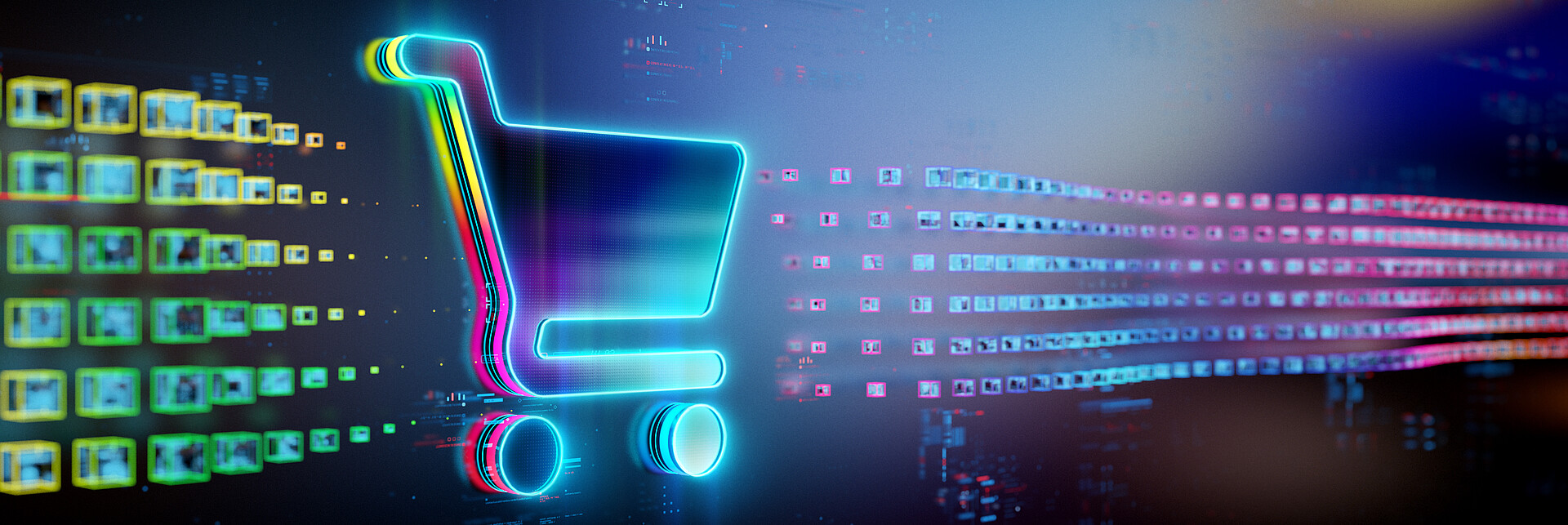 Digital cart icon on future tech background. Online shopping evolution. Futuristic shopping cart icon  in world of technological progress and innovation. CGI 3D render